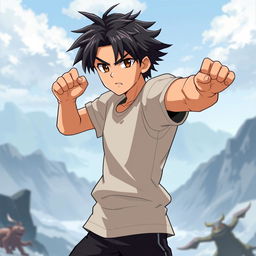 A fantasy anime-style illustration of a male fighter character with black, short shaggy hair and thick eyebrows that emphasize his determined brown eyes