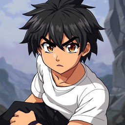 A fantasy anime-style illustration of a male fighter character with black, short shaggy hair and thick eyebrows that emphasize his determined brown eyes