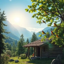 A serene mountain landscape featuring a rustic wooden hut surrounded by lush greenery and towering mountains in the background