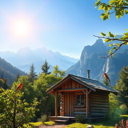 A serene mountain landscape featuring a rustic wooden hut surrounded by lush greenery and towering mountains in the background