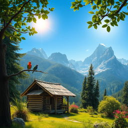 A serene mountain landscape featuring a rustic wooden hut surrounded by lush greenery and towering mountains in the background