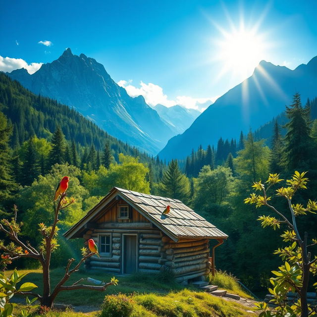 A serene mountain landscape featuring a rustic wooden hut surrounded by lush greenery and towering mountains in the background