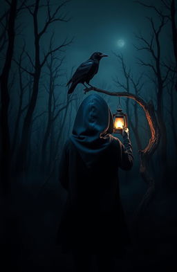 A dark and misty forest filled with unfamiliar woods, where tall dead trees block a faint light, creating an eerie atmosphere