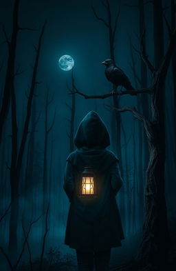 A dark and misty forest filled with unfamiliar woods, where tall dead trees block a faint light, creating an eerie atmosphere