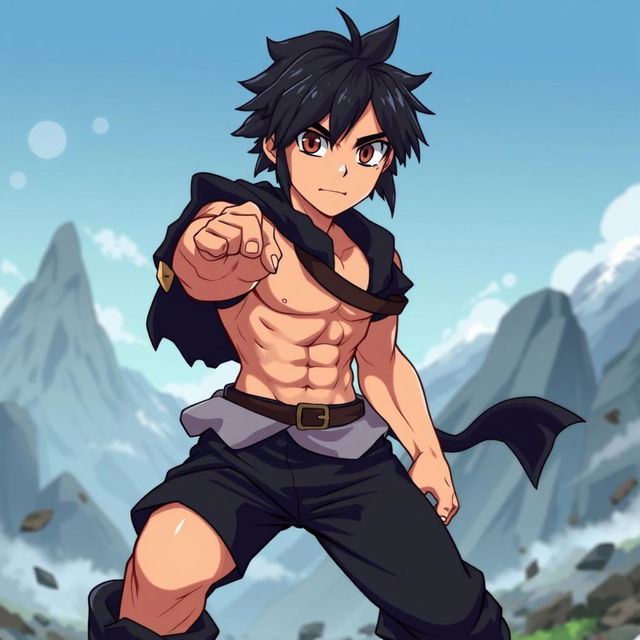 A fantasy anime-style illustration of a fighter character with black, short shaggy hair and thick eyebrows that accentuate his intense brown eyes