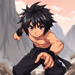 A fantasy anime-style illustration of a fighter character with black, short shaggy hair and thick eyebrows that accentuate his intense brown eyes