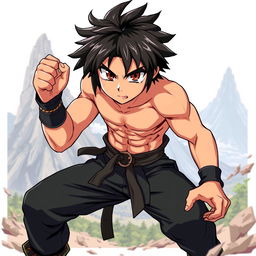 A fantasy anime-style illustration of a fighter character with black, short shaggy hair and thick eyebrows that accentuate his intense brown eyes