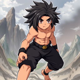 A fantasy anime-style illustration of a fighter character with black, short shaggy hair and thick eyebrows that accentuate his intense brown eyes