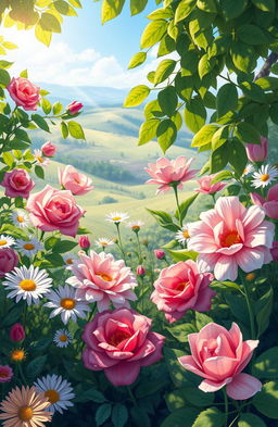 A vibrant digital painting showcasing a variety of beautiful flowers blooming in nature, including roses, daisies, and tulips, surrounded by lush green foliage