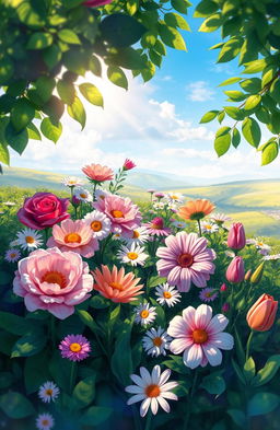 A vibrant digital painting showcasing a variety of beautiful flowers blooming in nature, including roses, daisies, and tulips, surrounded by lush green foliage