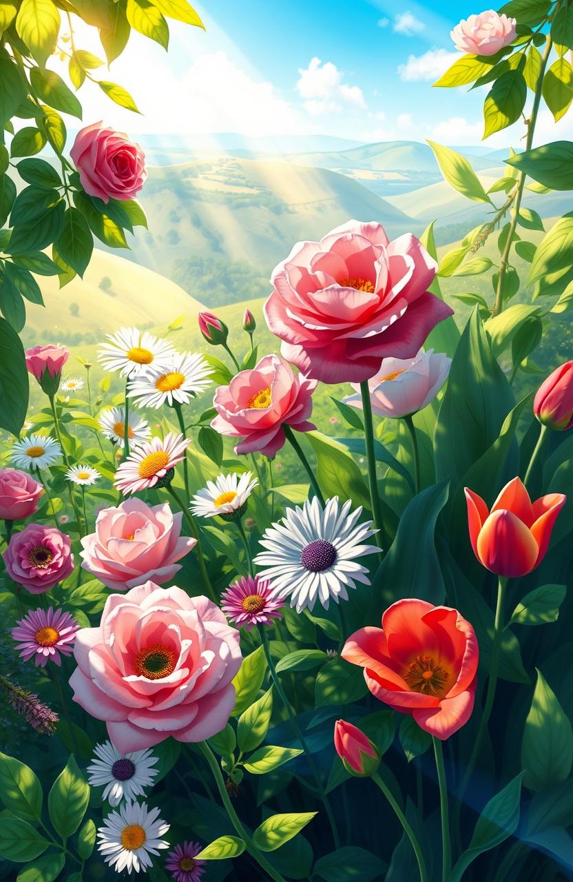 A vibrant digital painting showcasing a variety of beautiful flowers blooming in nature, including roses, daisies, and tulips, surrounded by lush green foliage