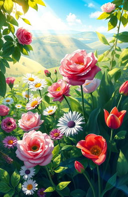 A vibrant digital painting showcasing a variety of beautiful flowers blooming in nature, including roses, daisies, and tulips, surrounded by lush green foliage