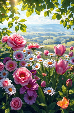 A vibrant digital painting showcasing a variety of beautiful flowers blooming in nature, including roses, daisies, and tulips, surrounded by lush green foliage