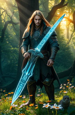 A mystical warrior standing in a vibrant forest, adorned in ancient armor that glows with mystical runes