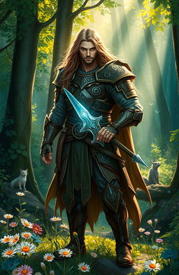 A mystical warrior standing in a vibrant forest, adorned in ancient armor that glows with mystical runes
