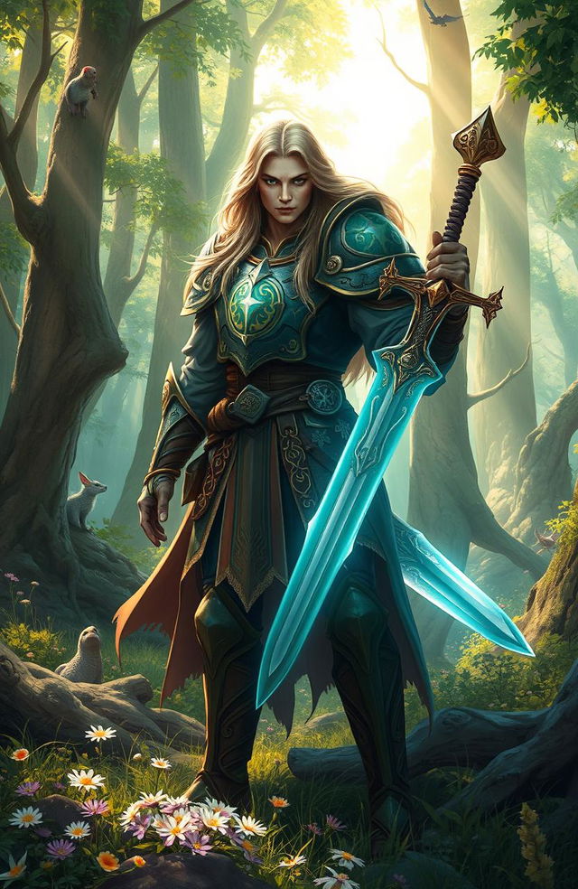 A mystical warrior standing in a vibrant forest, adorned in ancient armor that glows with mystical runes