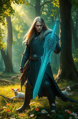 A mystical warrior standing in a vibrant forest, adorned in ancient armor that glows with mystical runes