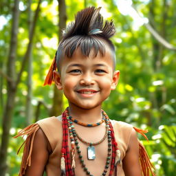 A young Indigenous boy with a mohawk hairstyle featuring a fringe, wearing traditional Indigenous clothing