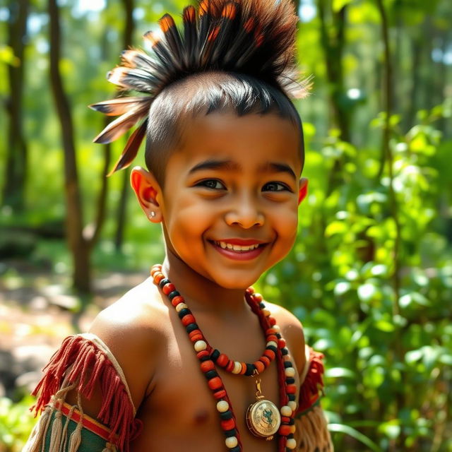 A young Indigenous boy with a mohawk hairstyle featuring a fringe, wearing traditional Indigenous clothing