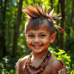 A young Indigenous boy with a mohawk hairstyle featuring a fringe, wearing traditional Indigenous clothing