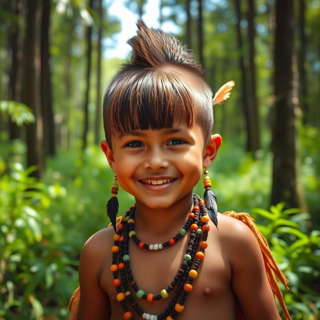 A young Indigenous boy with a mohawk hairstyle featuring a fringe, wearing traditional Indigenous clothing
