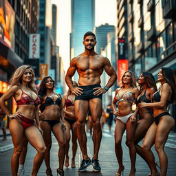 A fit man standing confidently in the center of a vibrant city street, surrounded by several fit women wearing stylish lingerie, showcasing body positivity