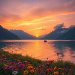 A serene landscape depicting a picturesque sunset over a tranquil lake, surrounded by lush green mountains and colorful wildflowers in the foreground