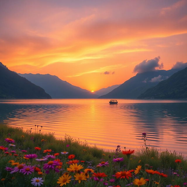 A serene landscape depicting a picturesque sunset over a tranquil lake, surrounded by lush green mountains and colorful wildflowers in the foreground