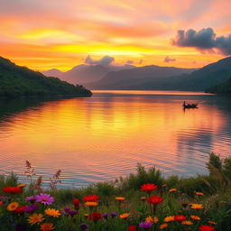 A serene landscape depicting a picturesque sunset over a tranquil lake, surrounded by lush green mountains and colorful wildflowers in the foreground