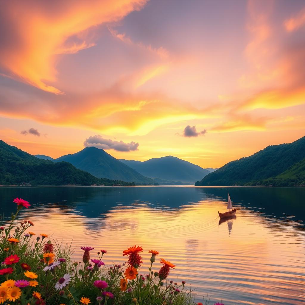 A serene landscape depicting a picturesque sunset over a tranquil lake, surrounded by lush green mountains and colorful wildflowers in the foreground