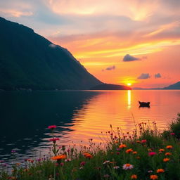 A serene landscape depicting a picturesque sunset over a tranquil lake, surrounded by lush green mountains and colorful wildflowers in the foreground