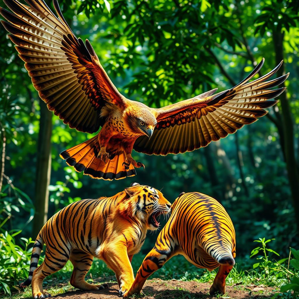 A dramatic scene featuring a majestic Javanese eagle soaring in the air, its powerful wings outstretched, as it confronts a fierce tiger on the ground