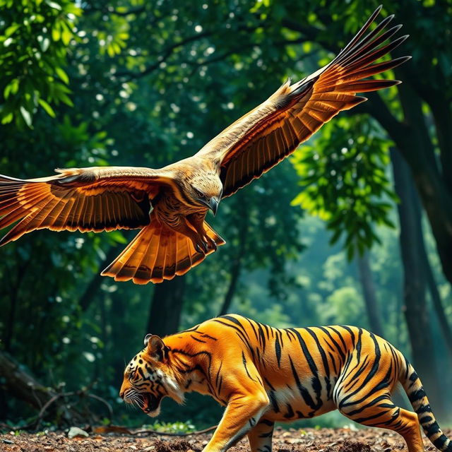 A dramatic scene featuring a majestic Javanese eagle soaring in the air, its powerful wings outstretched, as it confronts a fierce tiger on the ground