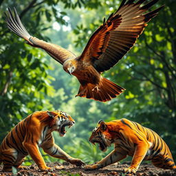 A dramatic scene featuring a majestic Javanese eagle soaring in the air, its powerful wings outstretched, as it confronts a fierce tiger on the ground
