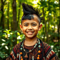 A young Indigenous boy with a mohawk hairstyle featuring a fringe, styled with Juliette curly hair