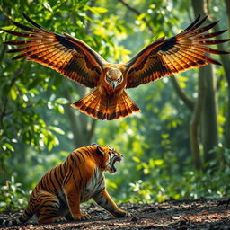 A dramatic scene featuring a majestic Javanese eagle soaring in the air, its powerful wings outstretched, as it confronts a fierce tiger on the ground