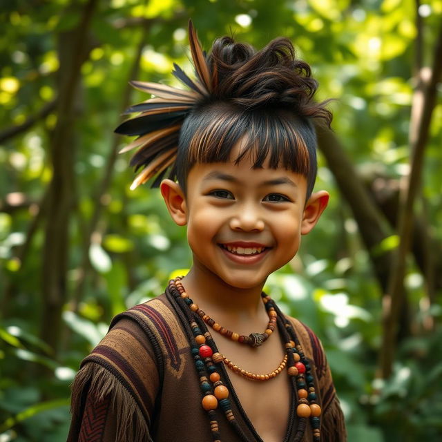 A young Indigenous boy with a mohawk hairstyle featuring a fringe, styled with Juliette curly hair