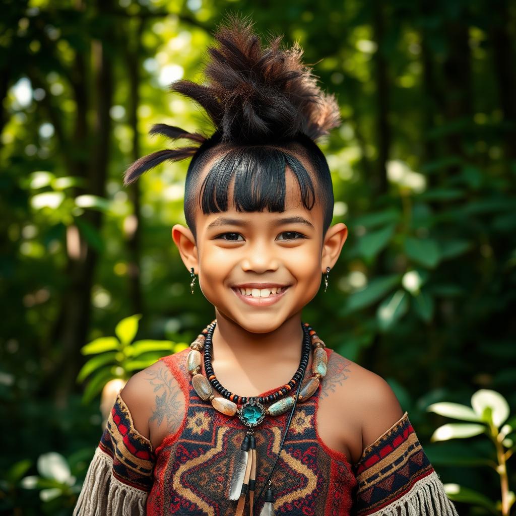 A young Indigenous boy with a mohawk hairstyle featuring a fringe, styled with Juliette curly hair