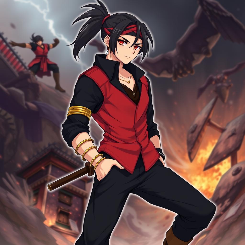 A fantasy anime-style illustration of a male character with sleek black hair tied up in a ponytail, adorned with a black and red headband