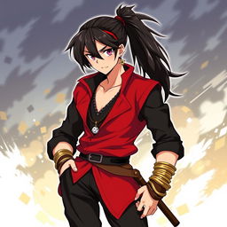 A fantasy anime-style illustration of a male character with sleek black hair tied up in a ponytail, adorned with a black and red headband