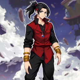A fantasy anime-style illustration of a male character with sleek black hair tied up in a ponytail, adorned with a black and red headband