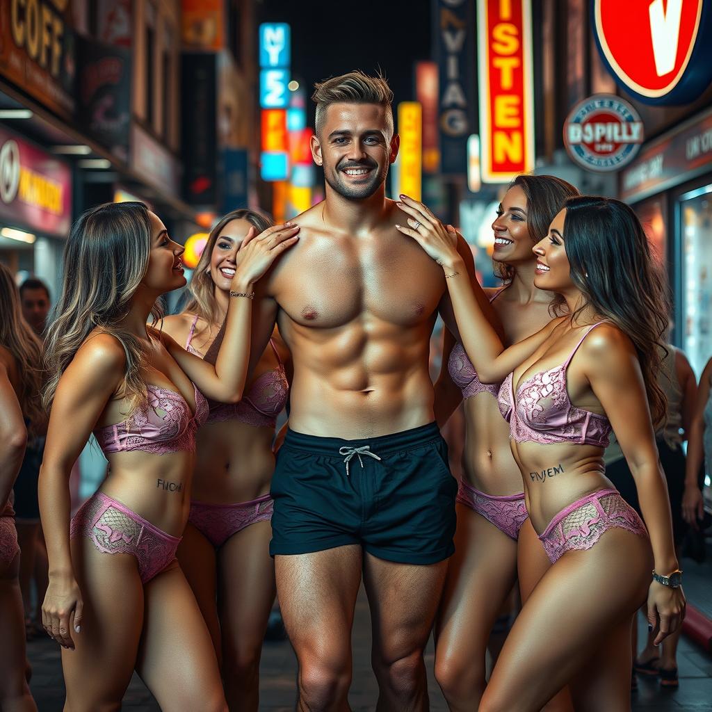A fit man standing amidst a lively crowd on a bustling city street, surrounded by a group of fit women in delicate lace lingerie