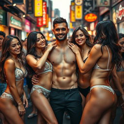A fit man standing amidst a lively crowd on a bustling city street, surrounded by a group of fit women in delicate lace lingerie