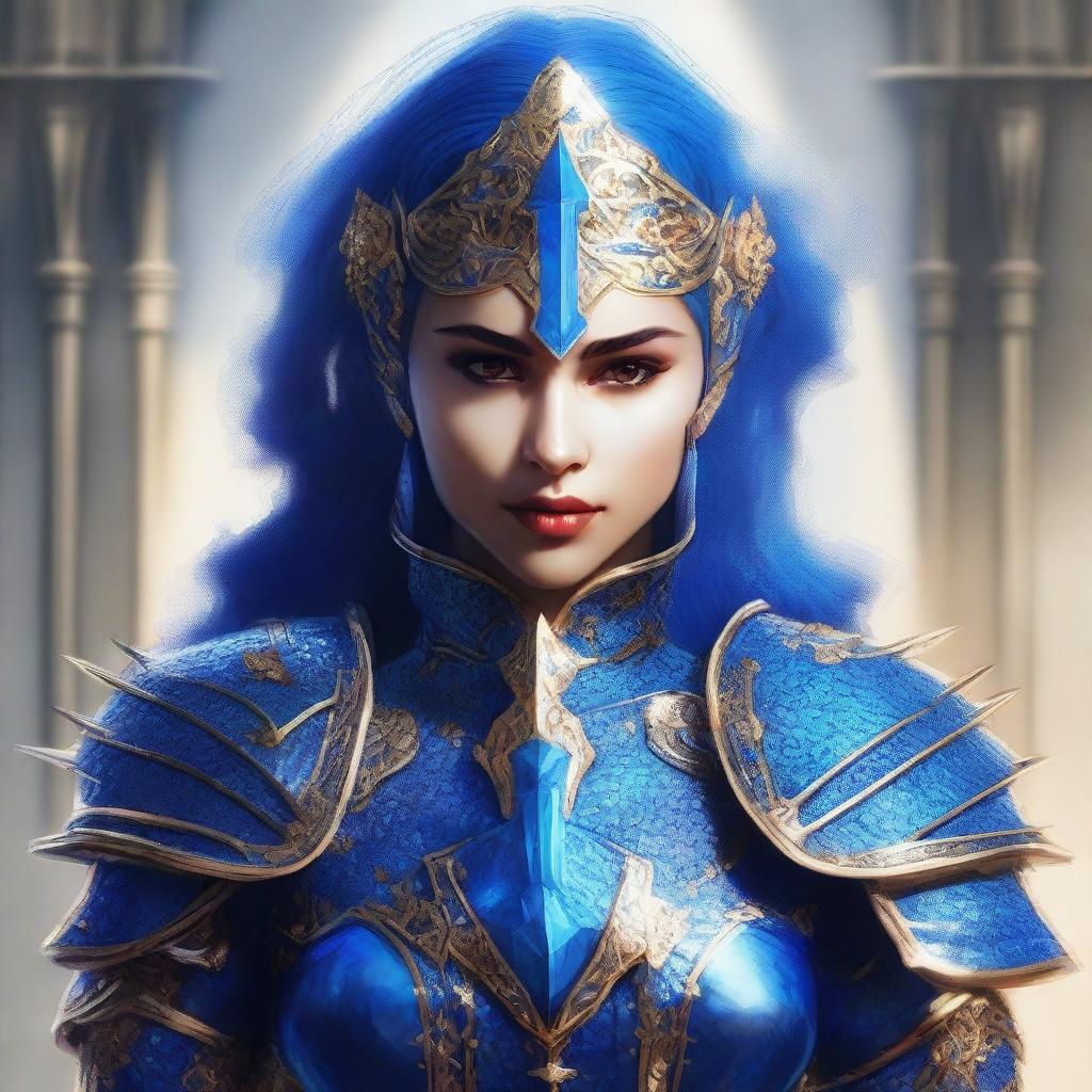 Create a high-quality digital art piece of a woman cleric clad in blue spiked armor