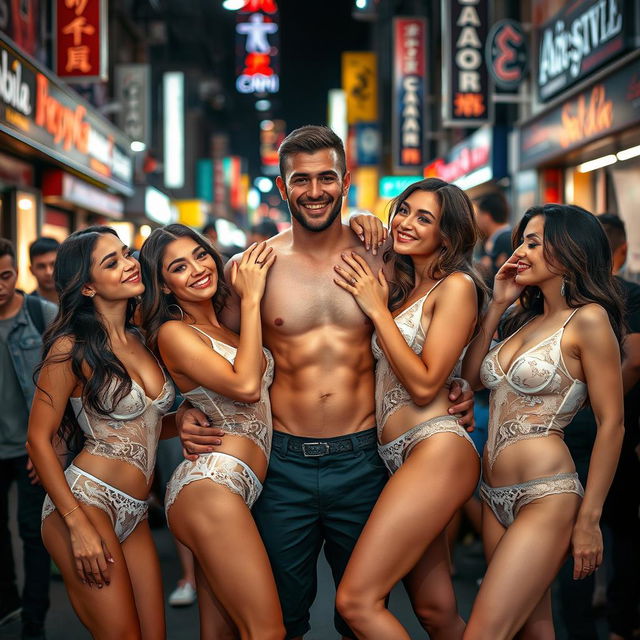 A fit man standing amidst a lively crowd on a bustling city street, surrounded by a group of fit women in delicate lace lingerie