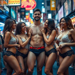 A fit man standing amidst a lively crowd on a bustling city street, surrounded by a group of fit women in delicate lace lingerie