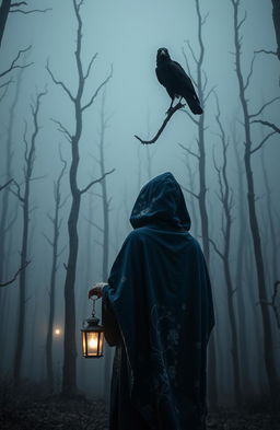 A dark and misty enchanted forest filled with unfamiliar, towering dead trees that obscure a faint light in the distance