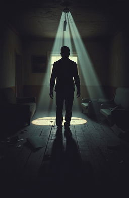 A 1990s-style horror book cover featuring a shadowy silhouette of a person standing in an abandoned, dimly lit room