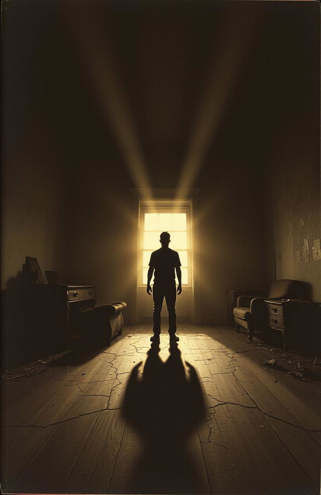 A 1990s-style horror book cover featuring a shadowy silhouette of a person standing in an abandoned, dimly lit room