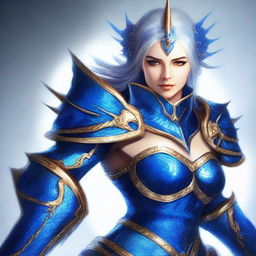 Create a high-quality digital art piece of a woman cleric clad in blue spiked armor